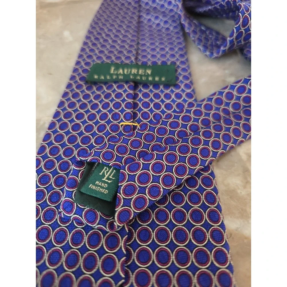 Lauren Ralph Lauren Mens 100% Silk Tie Hand Finished Purple Geographic Print USA